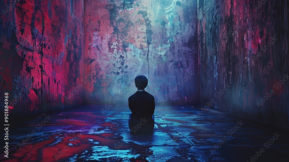 Solitary figure seated in a dimly lit, graffiti-covered alley, evoking a mood of solitude and introspection Solitary figure seated in a dimly lit, graffiti-covered alley, evoking a mood of solitude and introspection