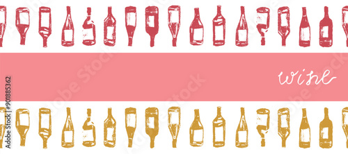 Template banner with red wine bottles pattern seamless. Hand-drawn coal sketches of red wine and white wine in vector. Winery frame design, grape alcohol pattern.