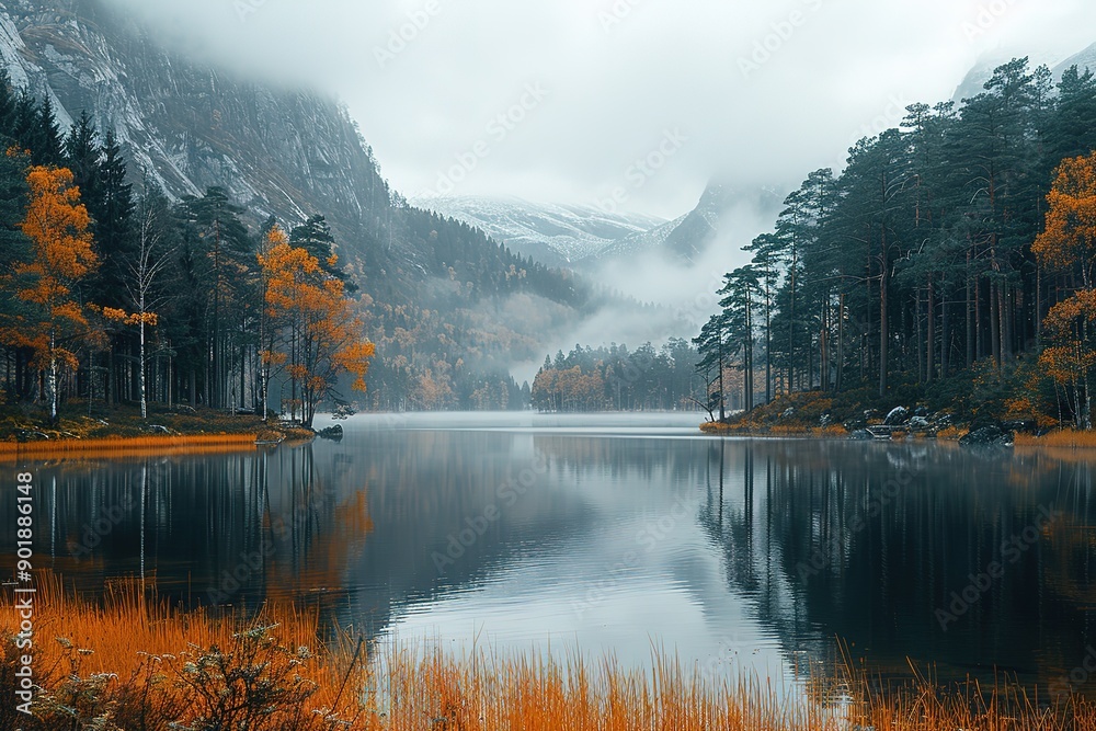 Naklejka premium A beautiful lake surrounded by trees with a cloudy sky in the background