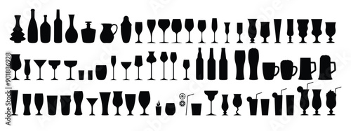 Silhouettes various alcohol cocktail glasses bar set. Black Isolated Glasses of wine, glasses of beer, bar bottles and shot glasses