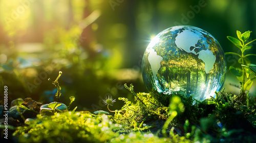 Crystal Globe in Moss: Reflections of Continents and Natural Wonders