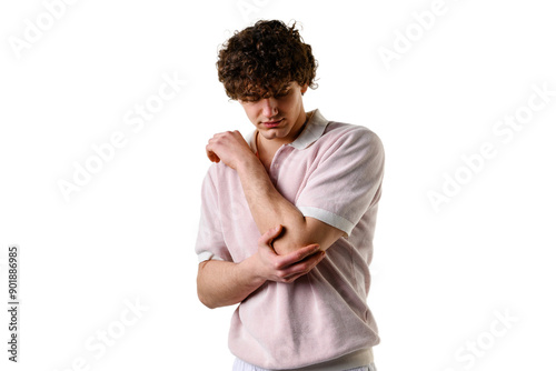Painful inflammation of bursa in elbow. Suffering from bursitis after repetitive sport practices. Feeling pain and stiffness of elbow joints caused by rheumatoid arthritis.