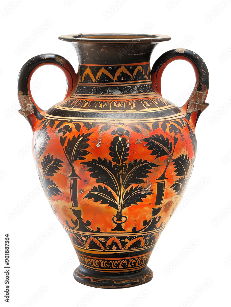 Ancient Greek-style amphora with intricate black and orange designs, featuring floral patterns and two handles, isolated on white.