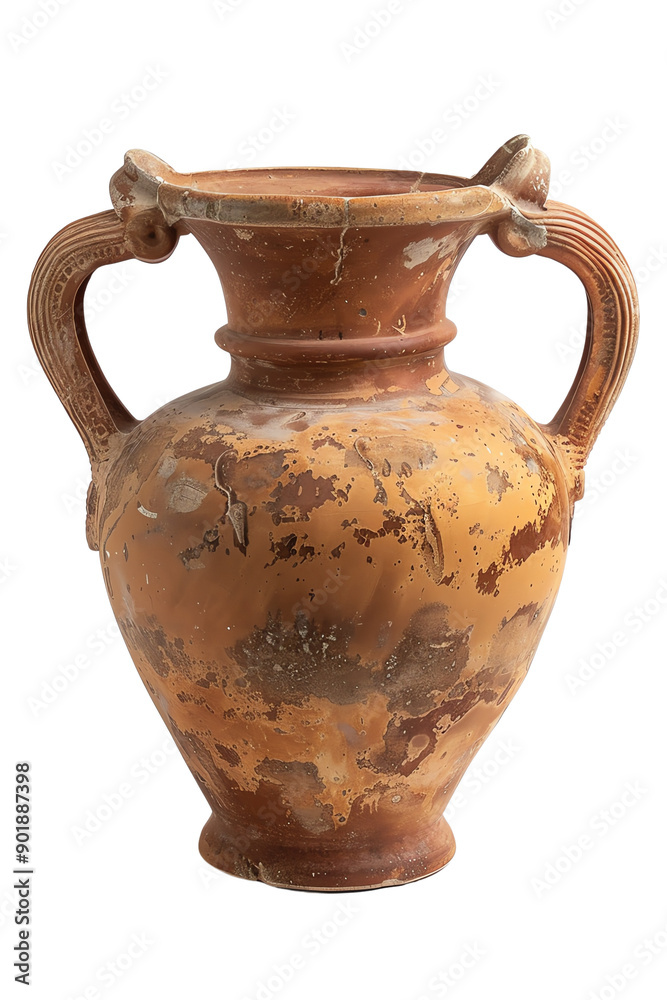 Ancient weathered ceramic amphora with two handles, showcasing a rustic design and historical charm. Ancient weathered ceramic amphora with two handles, showcasing a rustic design and historical charm.