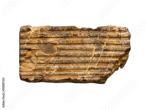 Ancient carved stone with cuneiform script from an archaeological site, depicting historical inscriptions.