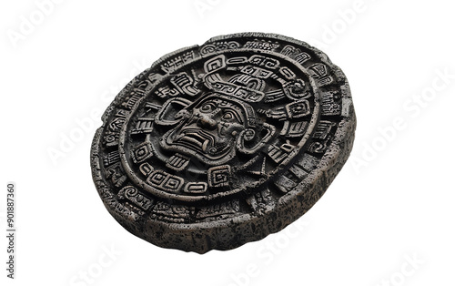 Ancient Mayan calendar stone artifact, depicting intricate carvings and symbols, representing historical and cultural significance.