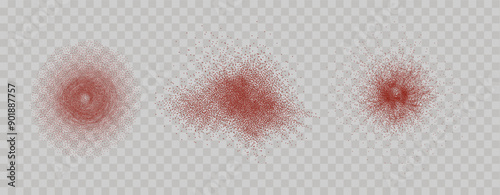 Grainy scatterings of  spicy burst . Splashes of  red pepper powder.Overlay effect chilli or paprika spice splatters. Vector realistic illustration of hot dried spice.