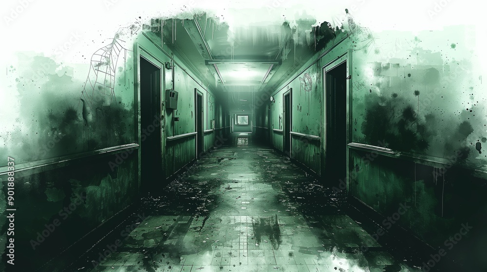 Spooky hospital hall. Watercolor illustration of an old empty damaged abandoned long corridor in medical center.
Spooky hospital hall. Watercolor illustration of an old empty damaged abandoned long corridor in medical center.