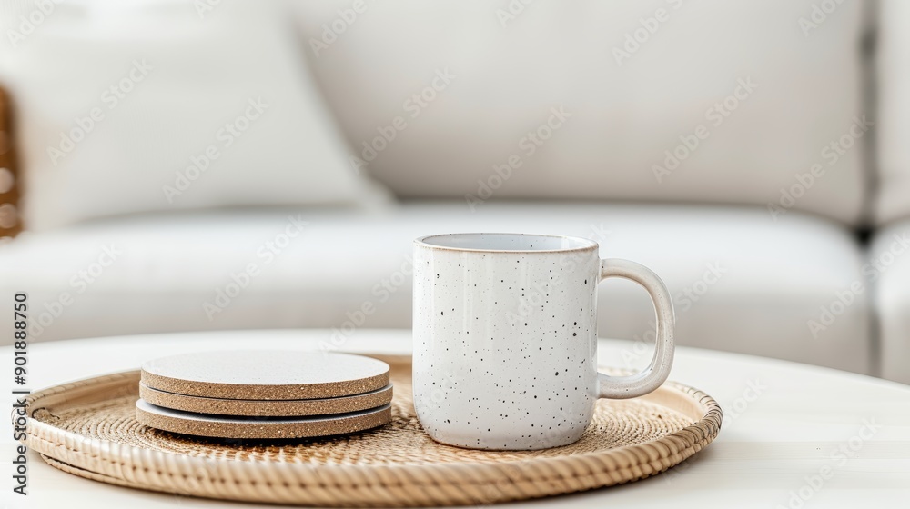 A close-up of a coffee table with a stack of coasters, a ceramic mug, and a small decorative tray, with copy space, high-resolution photo, realistic photo A close-up of a coffee table with a stack of coasters, a ceramic mug, and a small decorative tray, with copy space, high-resolution photo, realistic photo