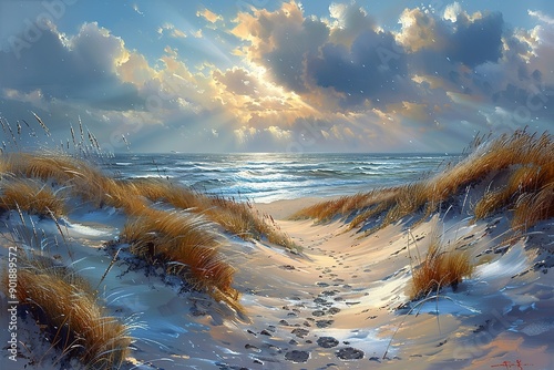 A painting of a beach with a path leading to the water