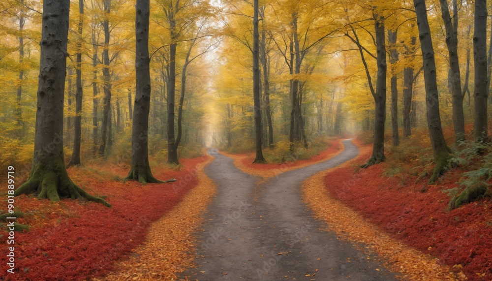 Enchanted autumn pathway through golden-leaved forest at dawn illuminated by soft morning light