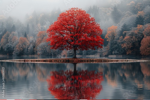 A red tree is reflected in the water photo