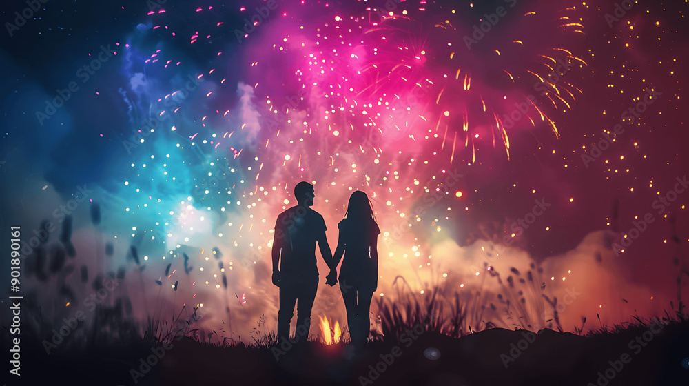 Romantic couple watching fireworks show holding hands Romantic couple watching fireworks show holding hands