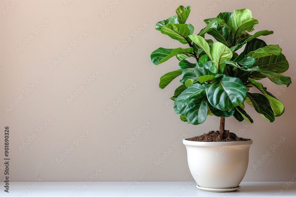A potted plant sits on a table in front of a wall A potted plant sits on a table in front of a wall