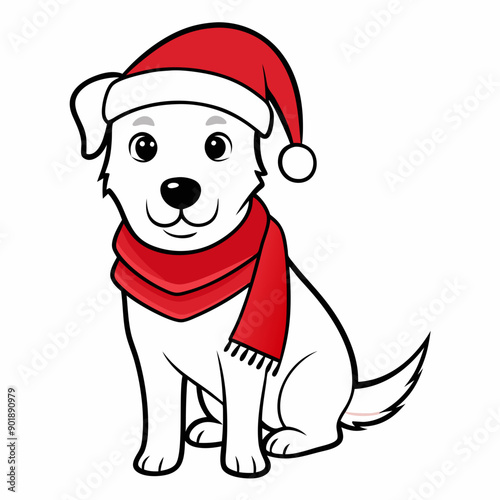 line art Christmas Dog with Santa Claus Hat SVG