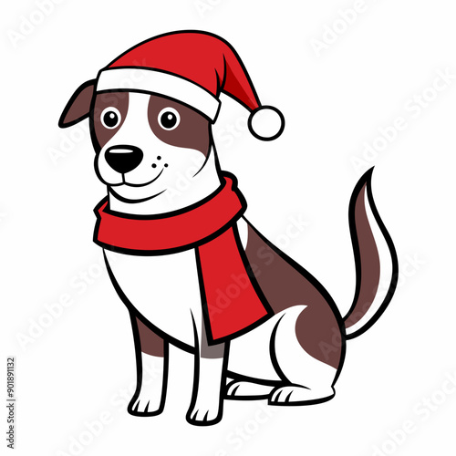 line art Christmas Dog with Santa Claus Hat SVG