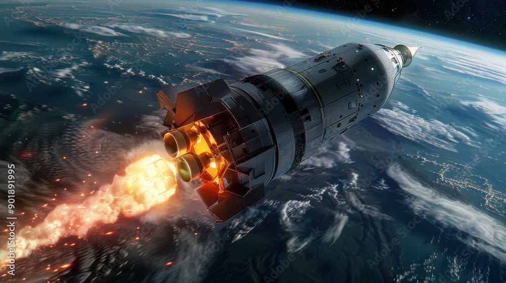 An artistic interpretation of a spacecraft ascending into space, flames illuminating the engines, Earth receding in the background An artistic interpretation of a spacecraft ascending into space, flames illuminating the engines, Earth receding in the background