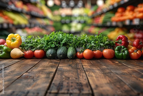 A variety of vegetables are displayed on a wooden table in a market