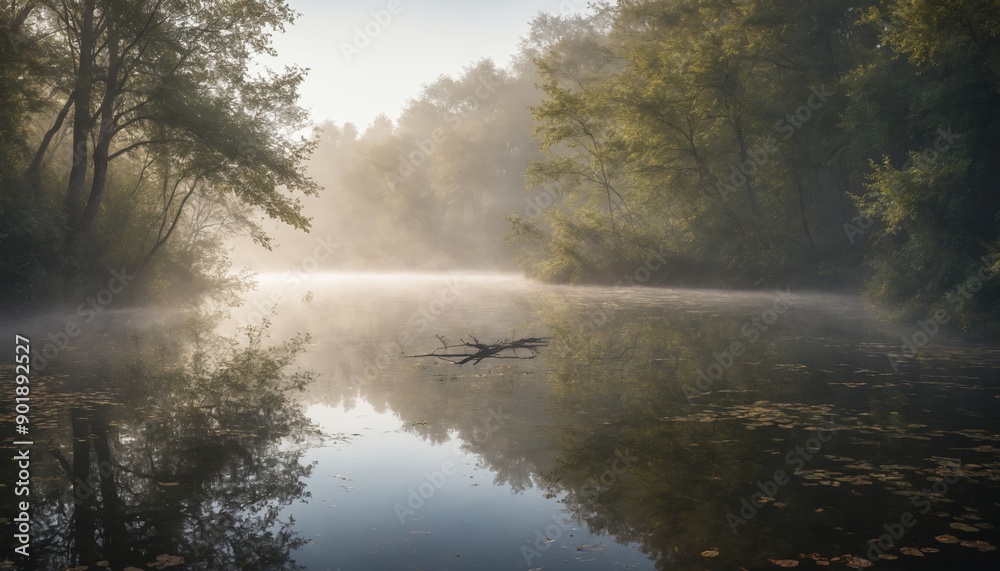 Fototapeta premium Misty morning reflection over calm waters surrounded by lush green trees