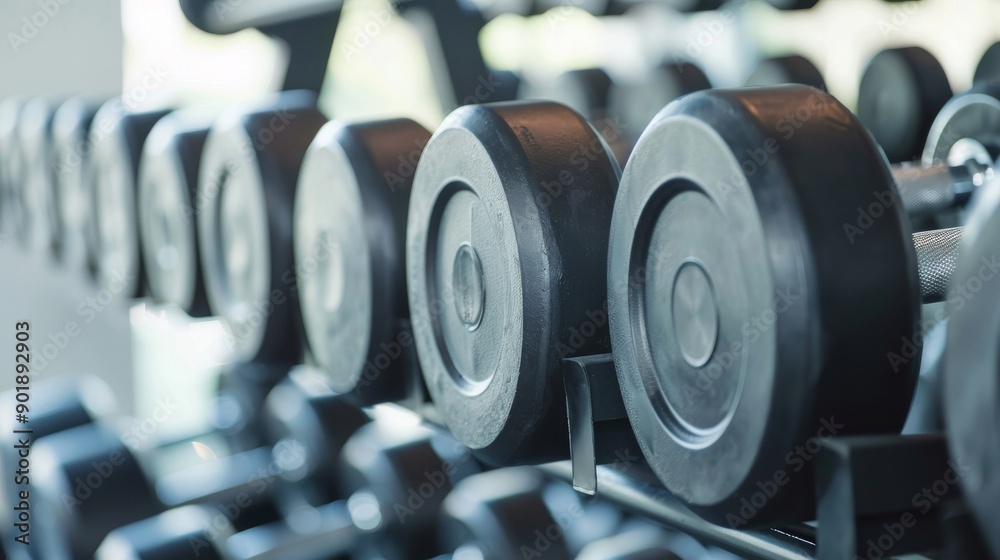 Collection of heavy dumbbells positioned neatly on rack in fitness center Collection of heavy dumbbells positioned neatly on rack in fitness center