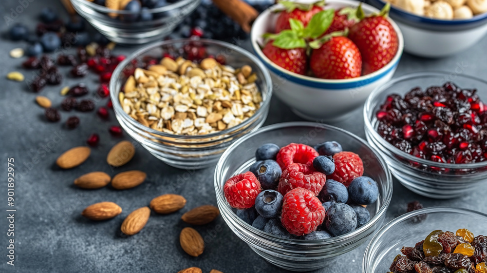 A variety of fruits and nuts are displayed in bowls on a counter A variety of fruits and nuts are displayed in bowls on a counter
