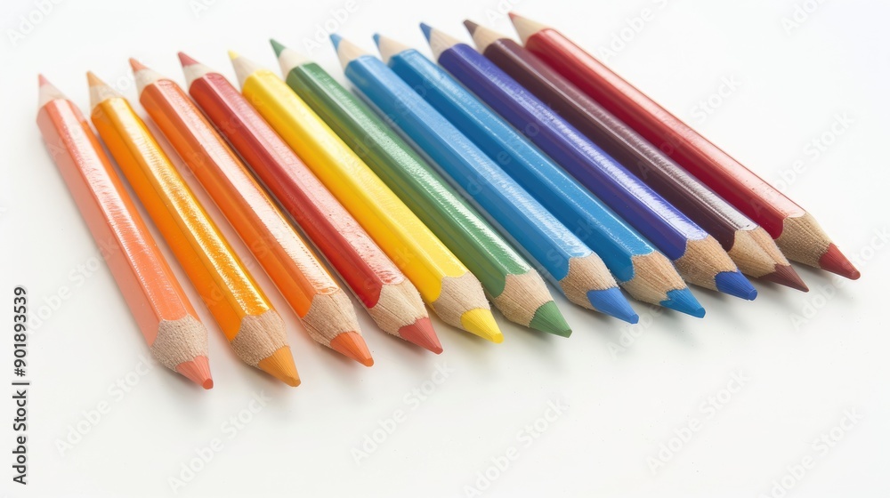 Colored pencils in a row on a white background Colored pencils in a row on a white background