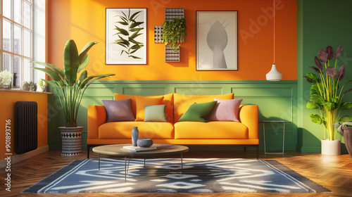 A living room with a bright orange couch and green walls