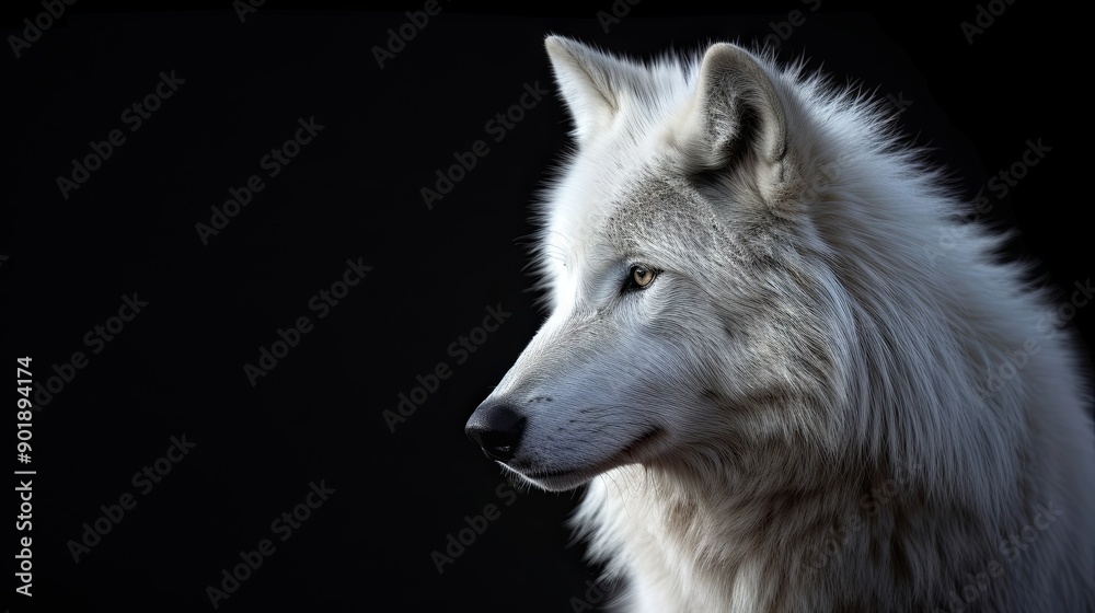 Obraz premium Portrait of a white wolf on a black background