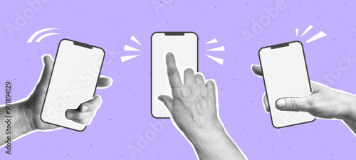 Collage with halftone hands holding phone. Modern vector pop art retro style illustration. Design element for infographic, poster, website, greeting card