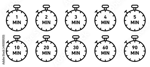 1, 2, 3, 4, 5, 10, 20, 30, 60, 90, minutes clock time icon set.