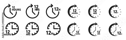 12 hours icon set. 12 hrs duration symbol. 