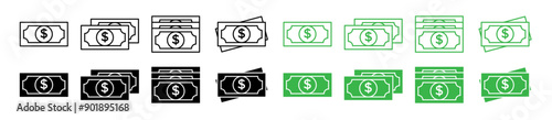 Cash money dollar notes vector icon set. salary banknote stack symbol in black and green colors