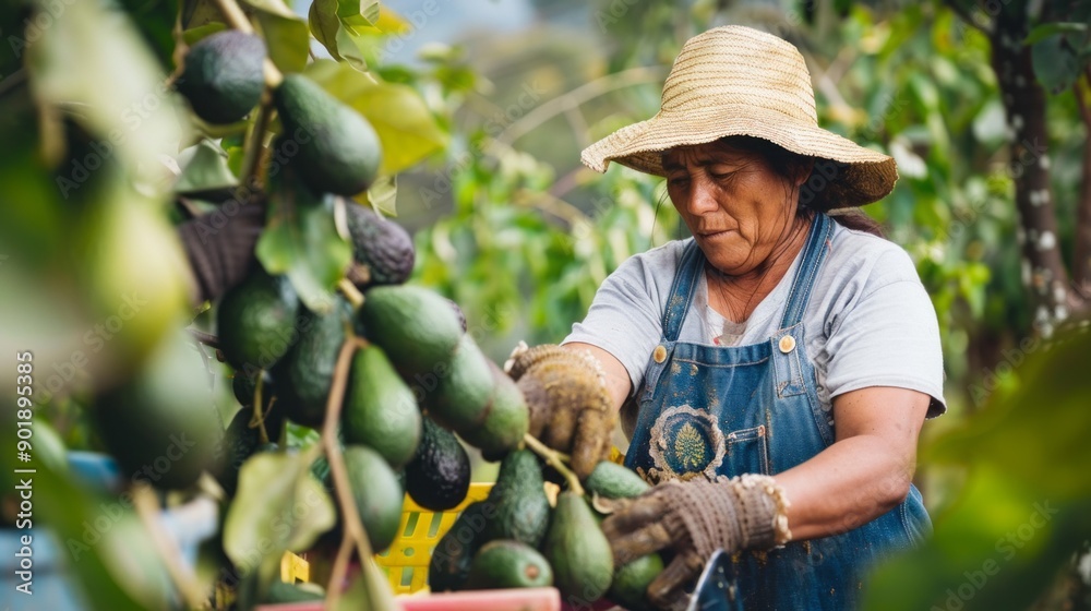 A woman is picking avocados from a tree A woman is picking avocados from a tree