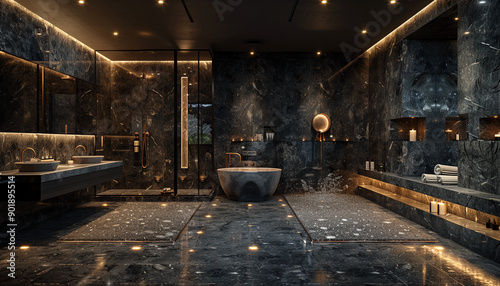 Modern luxury hotel bathroom with luxurious materi als photo