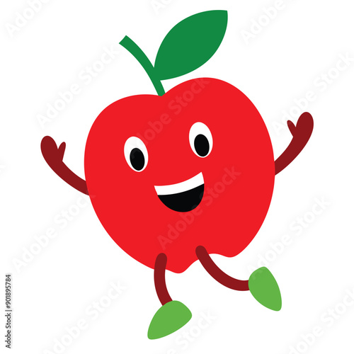 a funny jumping apple cartoon character, vector illustration, isolated white background 