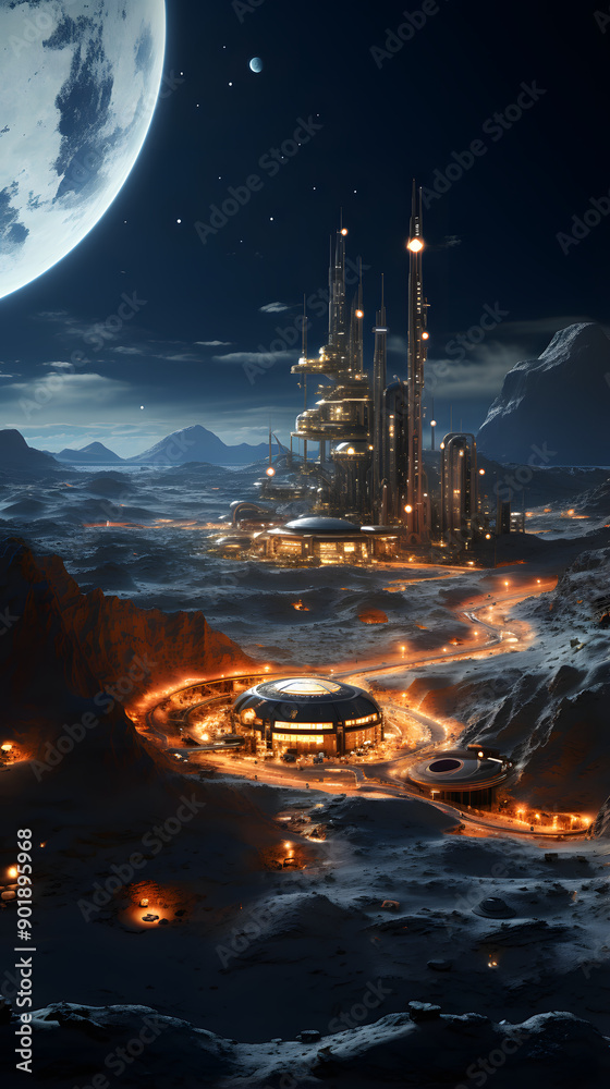 A futuristic city on a moonlit alien planet, with towering structures and glowing lights, under a large planet and starry sky. A futuristic city on a moonlit alien planet, with towering structures and glowing lights, under a large planet and starry sky.