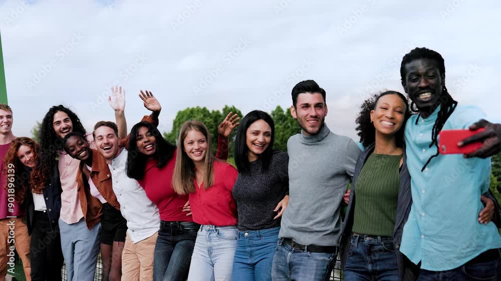 Group of young people taking selfie photo smiling to mobile phone. Diverse friends celebrating outside on vacations Group of young people taking selfie photo smiling to mobile phone. Diverse friends celebrating outside on vacations
