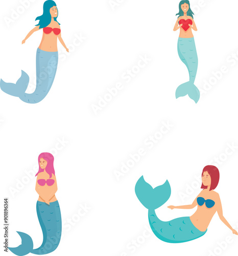 Collection of four mermaid characters with different poses and tail colors, perfect for fairy tale designs