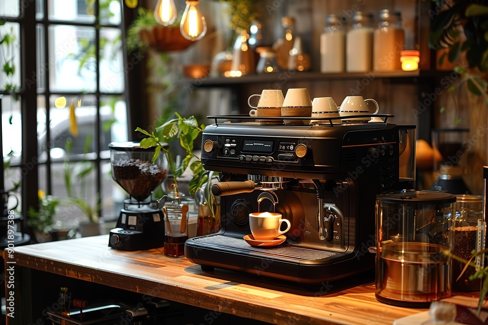 A coffee shop with a coffee maker and a few cups on the counter A coffee shop with a coffee maker and a few cups on the counter