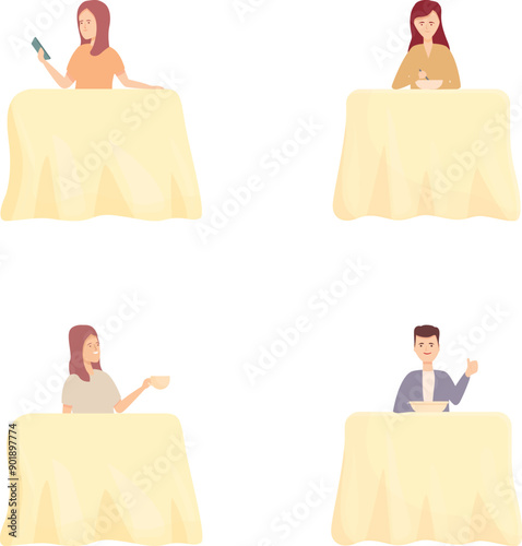 Set of four people with confident poses presenting speeches at podiums