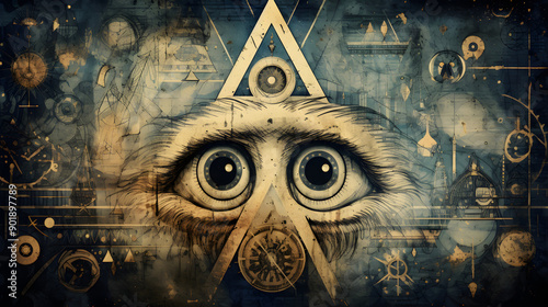 Mystic Collage: All-Seeing Eye Amidst a Tapestry of Esoteric Symbols and Ancient Glyphs photo