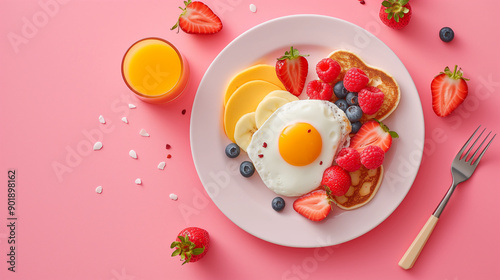 Beautiful bright breakfast on a plate on one colored background, top view