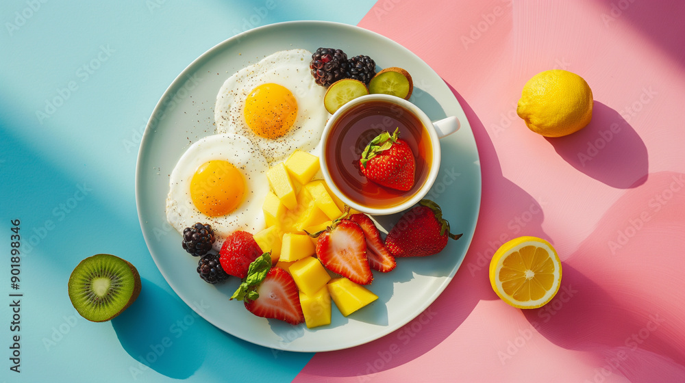 Beautiful bright breakfast on a plate on one colored background, top view