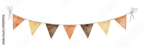 Watercolor Pennant in Autumn Colors for Harvest Festival Decorations and Invitations. Drawing of triangle Garland Banner for Halloween or Octoberfest celebration. Fall string for holiday party.