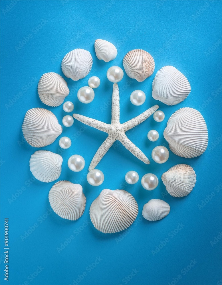 Summer shells and sea stars circle composition in a simple light blue ...