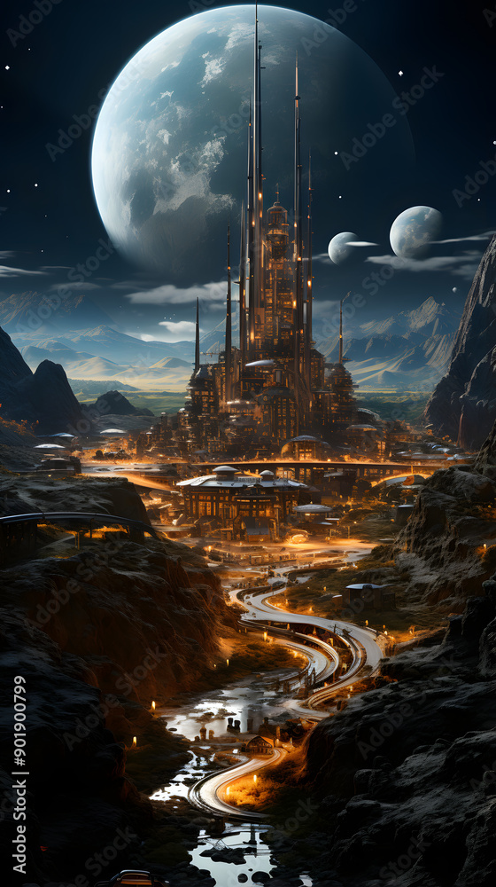 A futuristic city with towering buildings and a winding road leading through a mountain pass. A large moon hangs in the sky above. A futuristic city with towering buildings and a winding road leading through a mountain pass. A large moon hangs in the sky above.