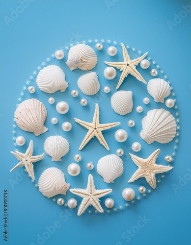 Summer shells and sea stars circle composition in a simple light blue background