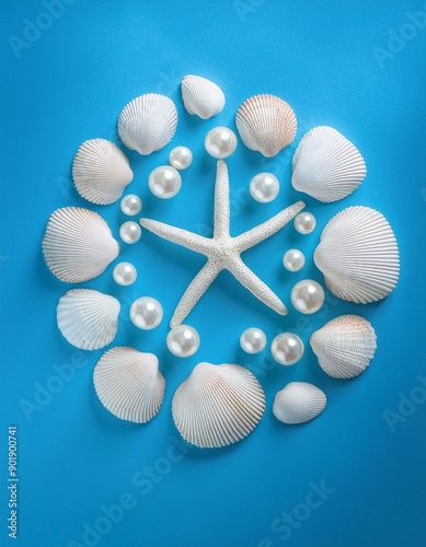 Summer shells and sea stars circle composition in a simple light blue background