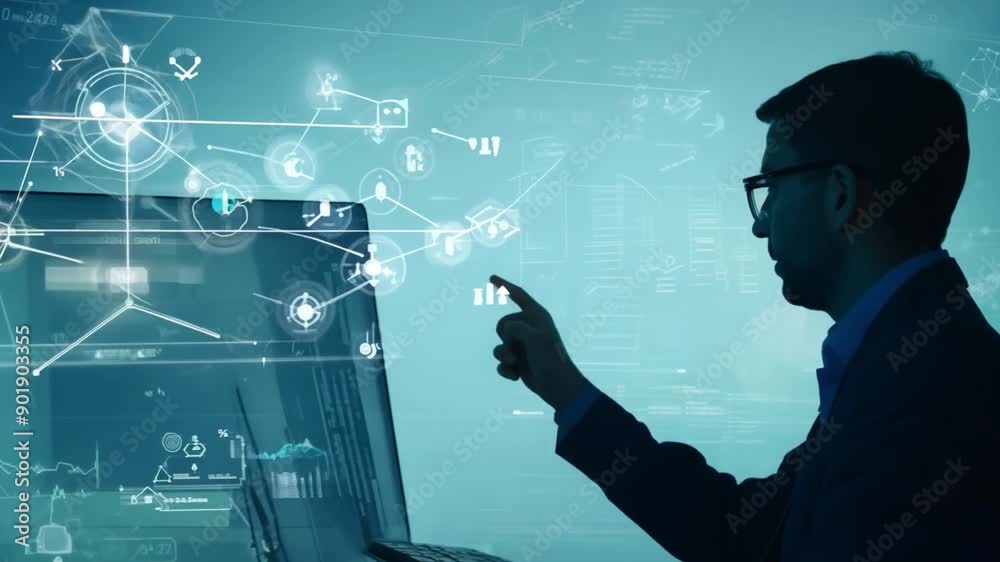 A man wearing glasses sits in front of a laptop and types, while an abstract digital design fills the background.