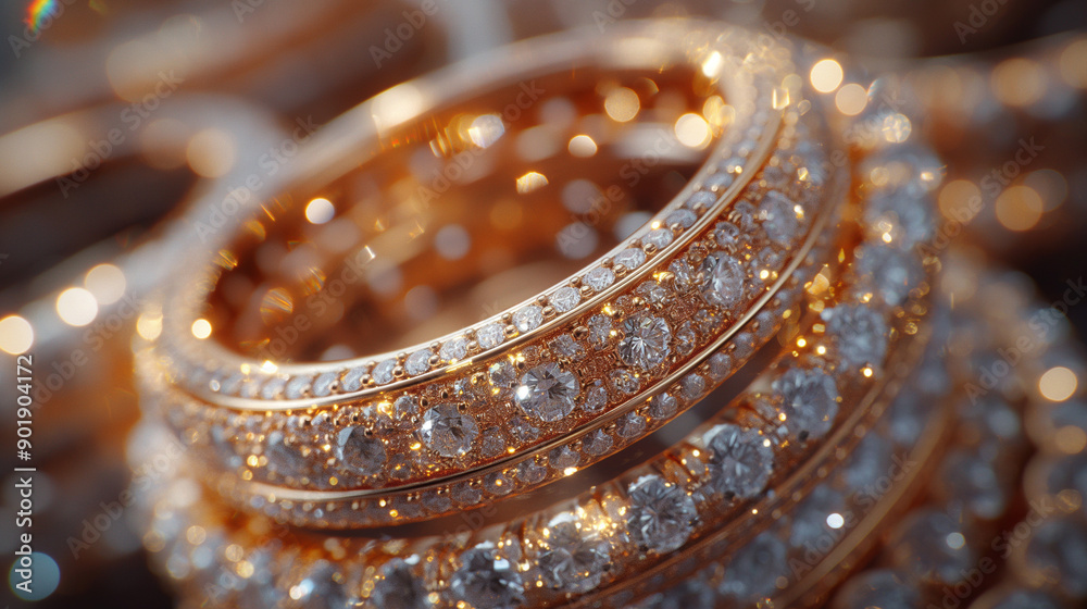 An ultra-detailed close-up shot of luxurious jewelry pieces, including diamond rings and gold bracelets, with a sparkling background that highlights the elegance and craftsmanship.